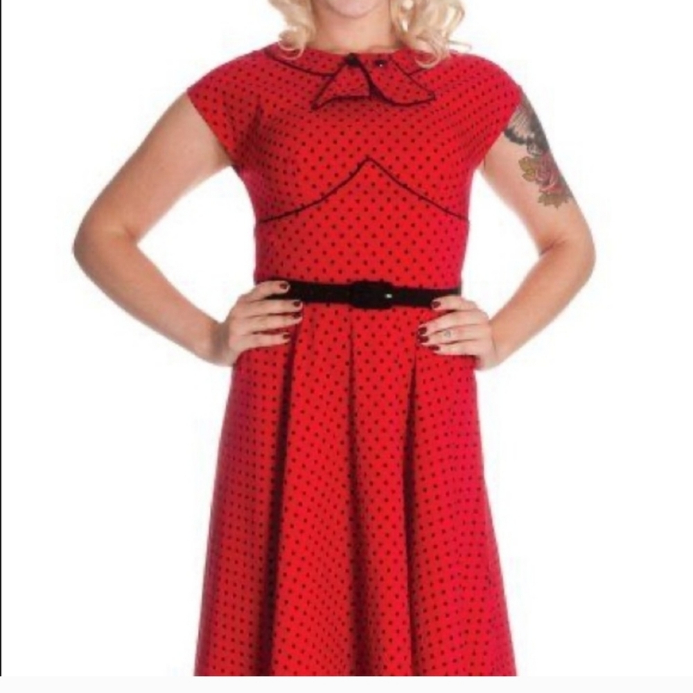 Hell Bunny Vixen black and red polka dotted swing dress with belt size S